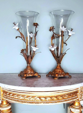 A pair of lovely French Belle Epoque gilt glass vases - circa 1900. Original glass trumpet vases supported in a cradle of pretty white ceramic flowers
