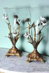 A pair of lovely French Belle Epoque gilt glass vases - circa 1900. Original glass trumpet vases supported in a cradle of pretty white ceramic flowers