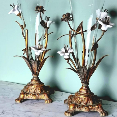 A pair of lovely French Belle Epoque gilt glass vases - circa 1900. Original glass trumpet vases supported in a cradle of pretty white ceramic flowers