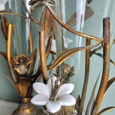 A pair of lovely French Belle Epoque gilt glass vases - circa 1900. Original glass trumpet vases supported in a cradle of pretty white ceramic flowers