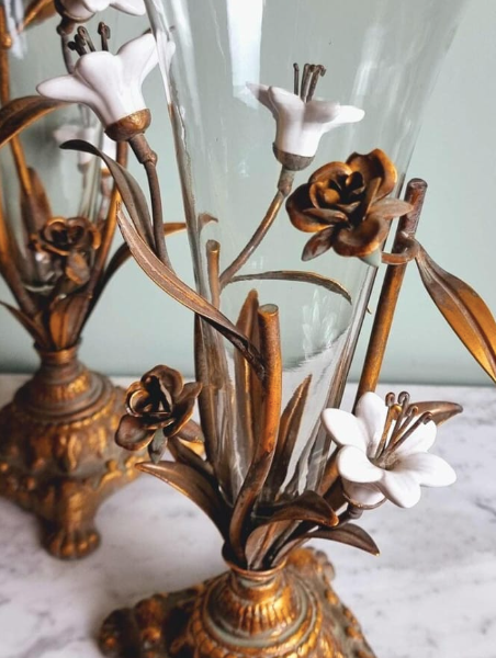 A pair of lovely French Belle Epoque gilt glass vases - circa 1900. Original glass trumpet vases supported in a cradle of pretty white ceramic flowers