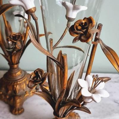 A pair of lovely French Belle Epoque gilt glass vases - circa 1900. Original glass trumpet vases supported in a cradle of pretty white ceramic flowers