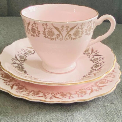 Vintage Colclough Bone China Trio Pink & Gold English Teacup Saucer Set Afternoon Tea Shabby Chic