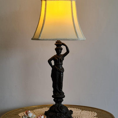 Vintage Table Lamp, Beautiful Heavy Dark Metal Classical Lady Statue Table Lamp with Slim Cream Shade, 50.5cm