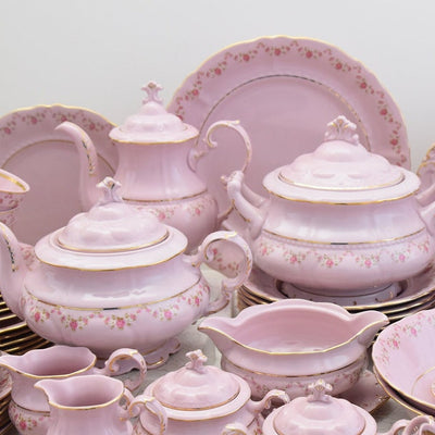Pink porcelain dinner set for 6 with tea and coffee service made in Czech