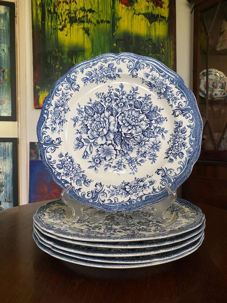 Set of 6 Mid Century J&G Meakin Avondale Dinner Plates 27cm Blue White Ironstone Royal Staffordshire Vintage 1950s