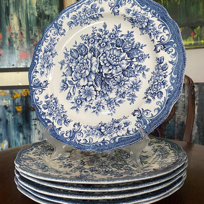 Set of 6 Mid Century J&G Meakin Avondale Dinner Plates 27cm Blue White Ironstone Royal Staffordshire Vintage 1950s