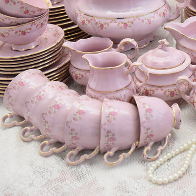 Pink porcelain dinner set for 6 with tea and coffee service made in Czech