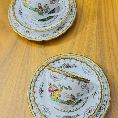 Rare Pair of Vintage Spode 'Chelsea' Tea Cup Trio Rd No 568949 Harrods Goldedge