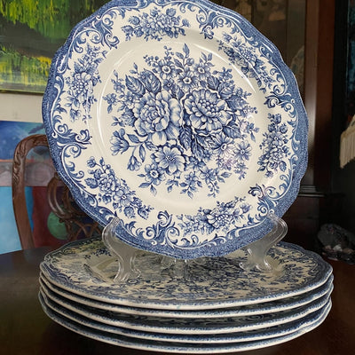 Set of 6 Mid Century J&G Meakin Avondale Dinner Plates 27cm Blue White Ironstone Royal Staffordshire Vintage 1950s