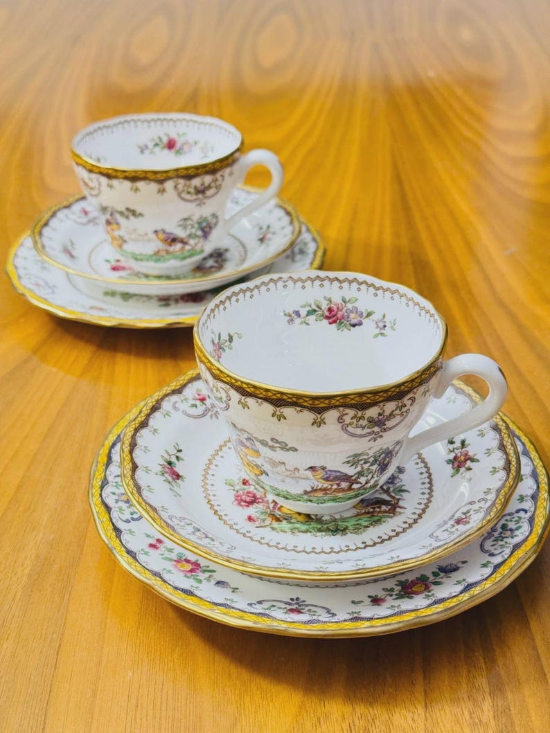 Rare Pair of Vintage Spode 'Chelsea' Tea Cup Trio Rd No 568949 Harrods Goldedge