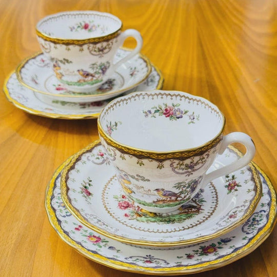 Rare Pair of Vintage Spode 'Chelsea' Tea Cup Trio Rd No 568949 Harrods Goldedge