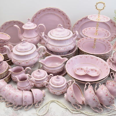 Pink porcelain dinner set for 6 with tea and coffee service made in Czech