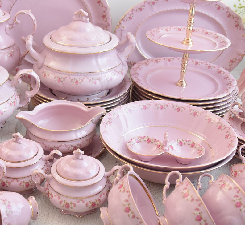 Pink porcelain dinner set for 6 with tea and coffee service made in Czech