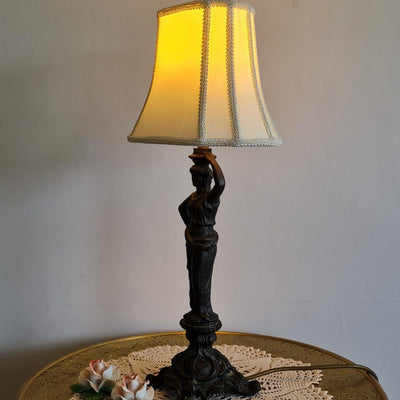 Vintage Table Lamp, Beautiful Heavy Dark Metal Classical Lady Statue Table Lamp with Slim Cream Shade, 50.5cm