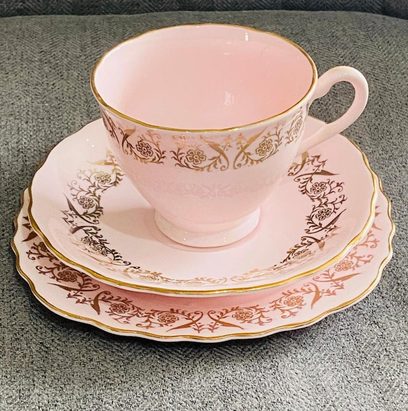 Vintage Colclough Bone China Trio Pink & Gold English Teacup Saucer Set Afternoon Tea Shabby Chic