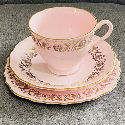 Vintage Colclough Bone China Trio Pink & Gold English Teacup Saucer Set Afternoon Tea Shabby Chic