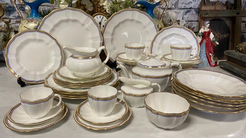 Vintage Royal Crown Derby Carlton blue pattern dinner set