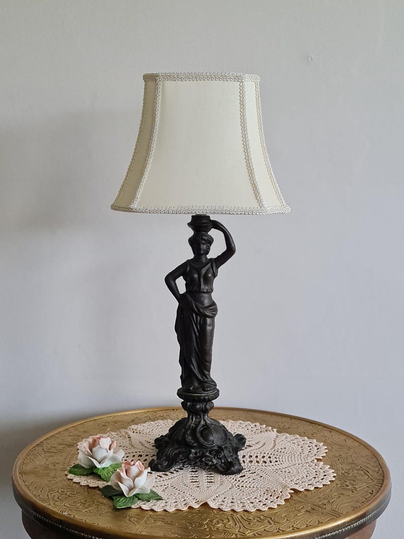 Vintage Table Lamp, Beautiful Heavy Dark Metal Classical Lady Statue Table Lamp with Slim Cream Shade, 50.5cm