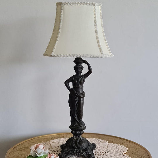 Vintage Table Lamp, Beautiful Heavy Dark Metal Classical Lady Statue Table Lamp with Slim Cream Shade, 50.5cm