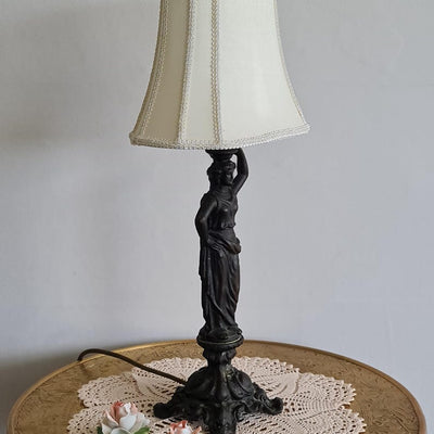 Vintage Table Lamp, Beautiful Heavy Dark Metal Classical Lady Statue Table Lamp with Slim Cream Shade, 50.5cm