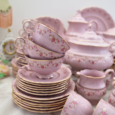 Pink porcelain dinner set for 6 with tea and coffee service made in Czech