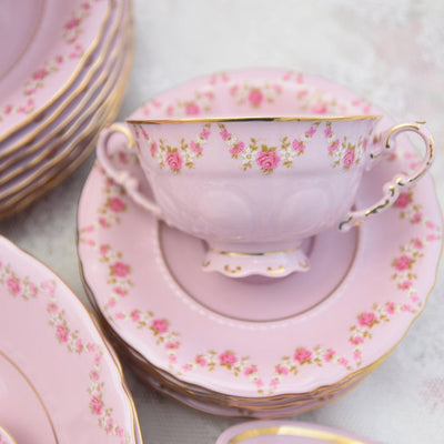 Pink porcelain dinner set for 6 with tea and coffee service made in Czech