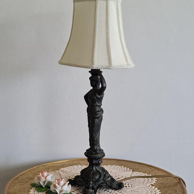 Vintage Table Lamp, Beautiful Heavy Dark Metal Classical Lady Statue Table Lamp with Slim Cream Shade, 50.5cm